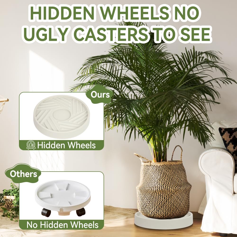 UoeRing 2 Pcs Plant Caddy with Hidden Wheels (1 10" and 1 11") Heavy Duty Rolling Plant Stand, Indoor Outdoor Plant Saucer Tray with $9.9 Garden Tools (Beige)