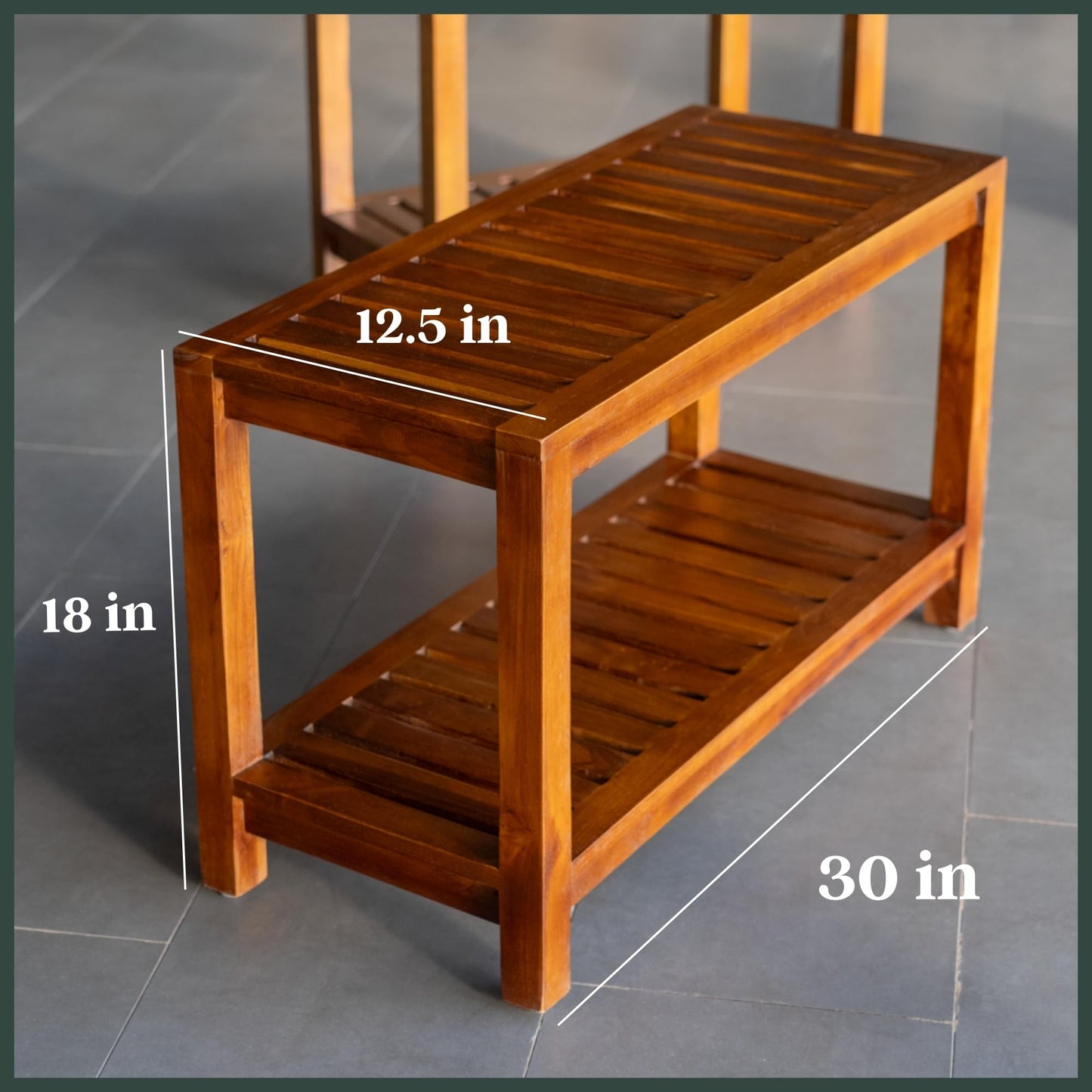 The Teaky Hut Teak Shower Bench 30 Inch β Fully Assembled Wooden Bench with Shelf, Water-Resistant, Non-Slip Adjustable Feet β Indoor Spa, Garden, or Bathroom Use