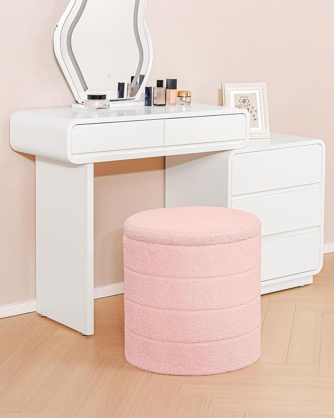 B FSOBEIIALEO Ottoman with Stroage, Round Sherpa Storage Ottoman Stool, Boucle Foot Rest 16.9"x16.9"x17.7"(Pink