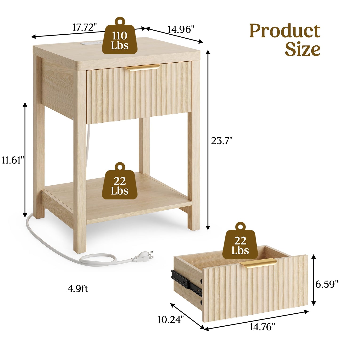 Lulive Night Stand Set 2, Fluted Nightstand with Charging Station, Wood Modern Bedside End Table with Storage Drawer for Bedroom, Save Space (Set of 2, Natural Oak)