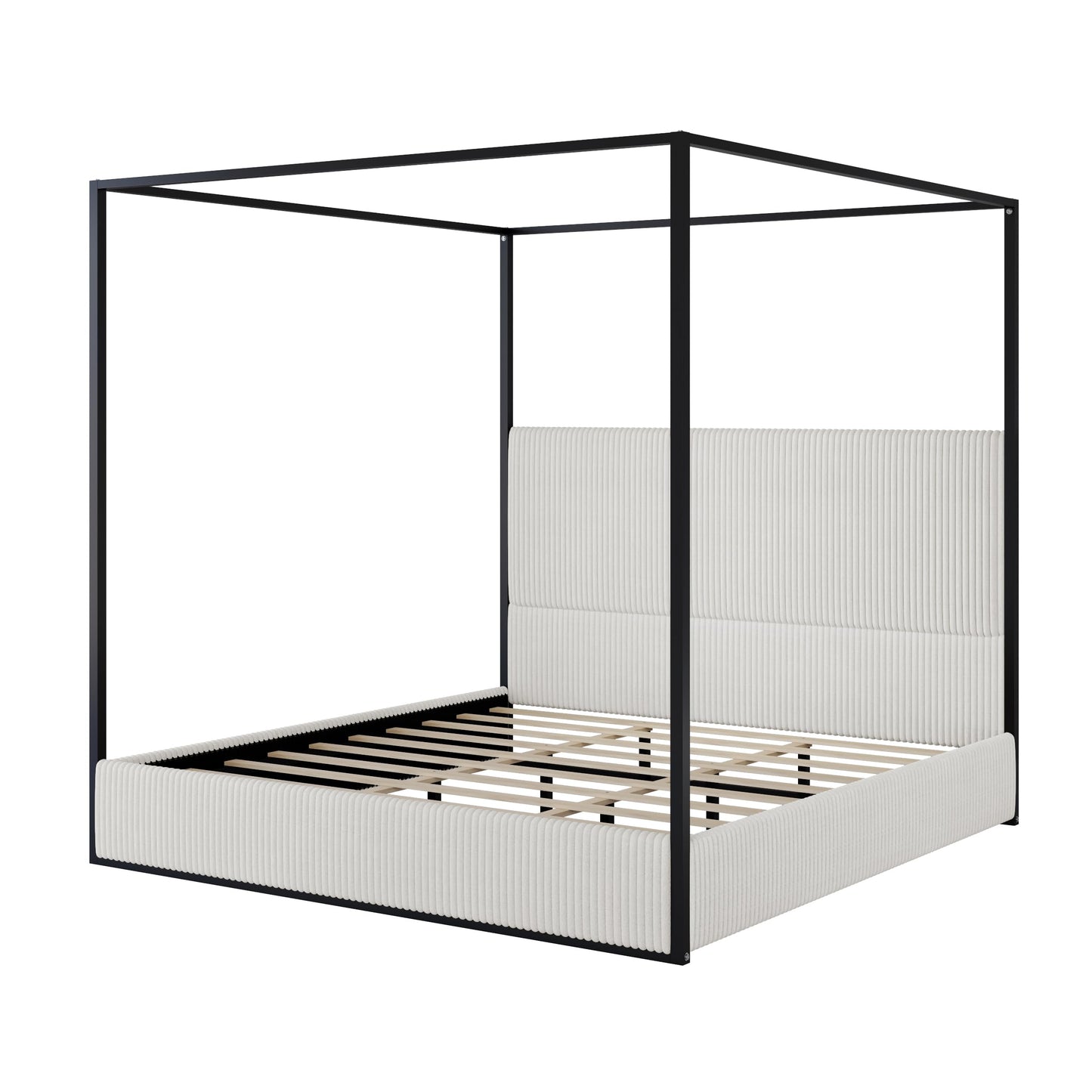 Merax Modern Luxury Queen Metal Canopy Bed with Tall Upholstered Headboard, Gold Four Poster Bed, No Box Spring Needed, White