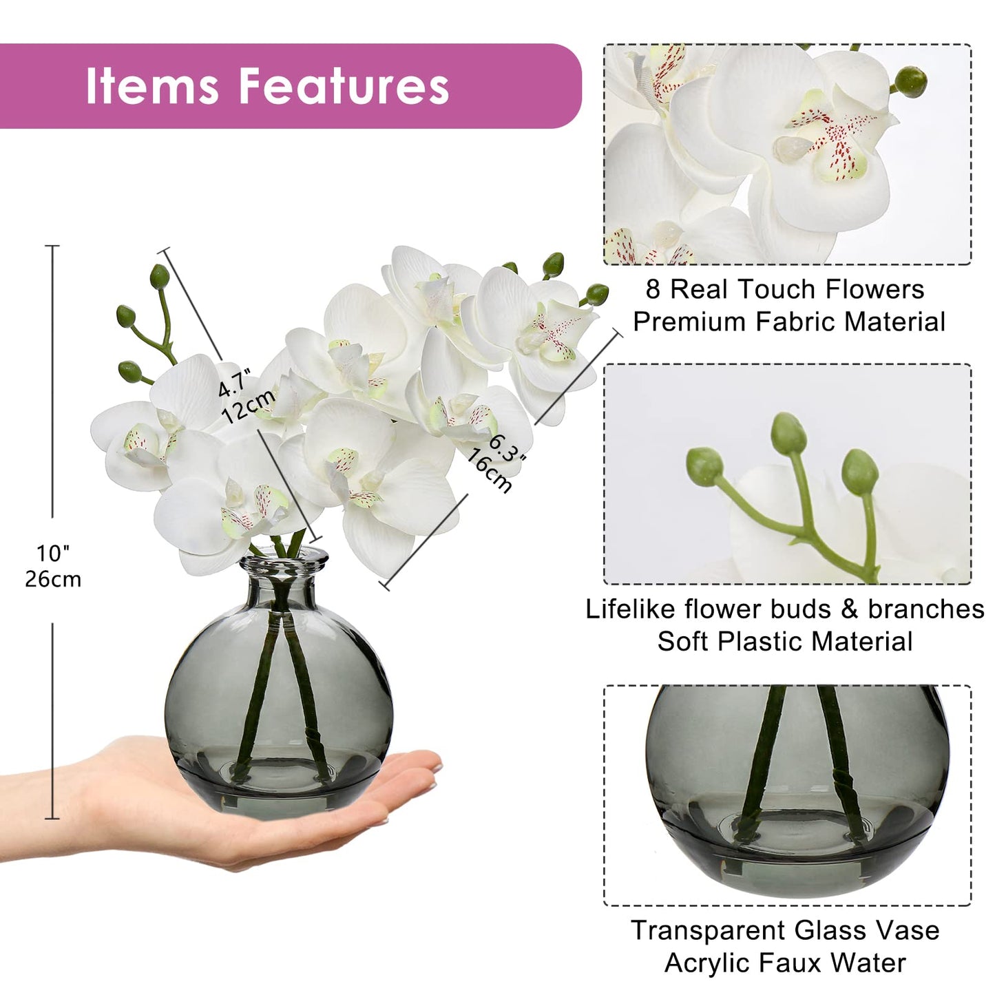 Oairse White Orchids Artificial Flowers Faux Orchid Arrangement with Black Glass Vase Set of 2 Real Touch Phalaenopsis Orchid Flowers Orchid Centerpiece for Dining Room Table