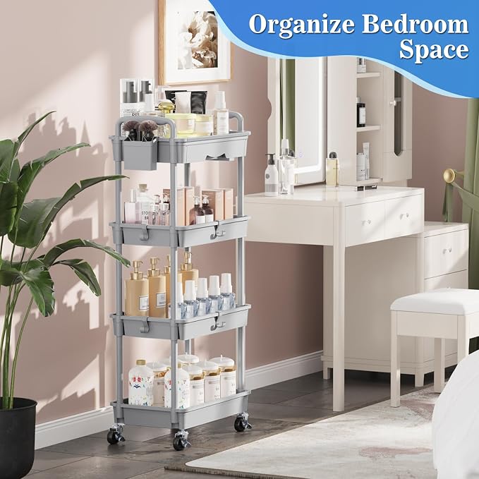 SUNALLY 4 Tier Rolling Utility Cart with Drawer, Storage Organizer Cart with 2 Lockable Wheels, Multifunctional Rolling Storage Cart for Bathroom, Kitchen, Craft, Makeup, Baby Essentials, Gray