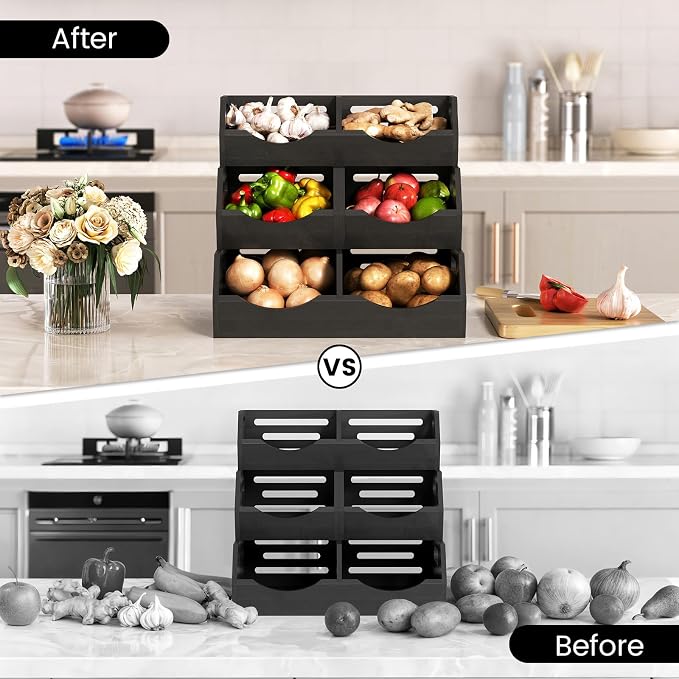 Potato Storage Bins Onion, 3 Tier Bamboo Pantry Storage Bin Stackable Ventilated Organizer for Kitchen, Pantry, Countertop, Bathroom, Black