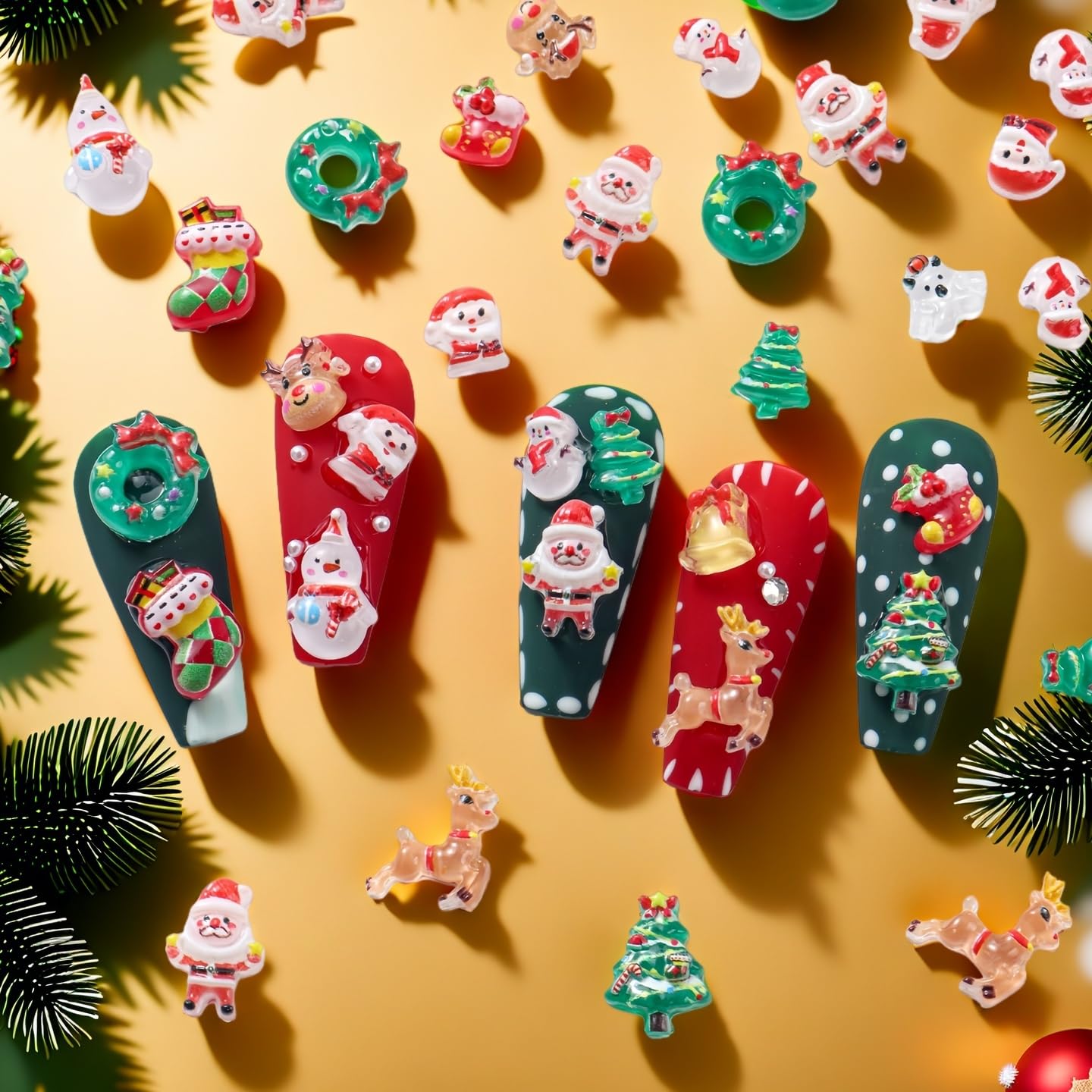 18Girds/2Boxes Christmas Nail Charms Colorful Mini Snowman Xmas Tree Nail Art Charms Reindeer Bell Nail Rhinestones 3D Resin Red Bow Heart Nail Diamond Green Half Round Beads Nail Gems for Women DIY
