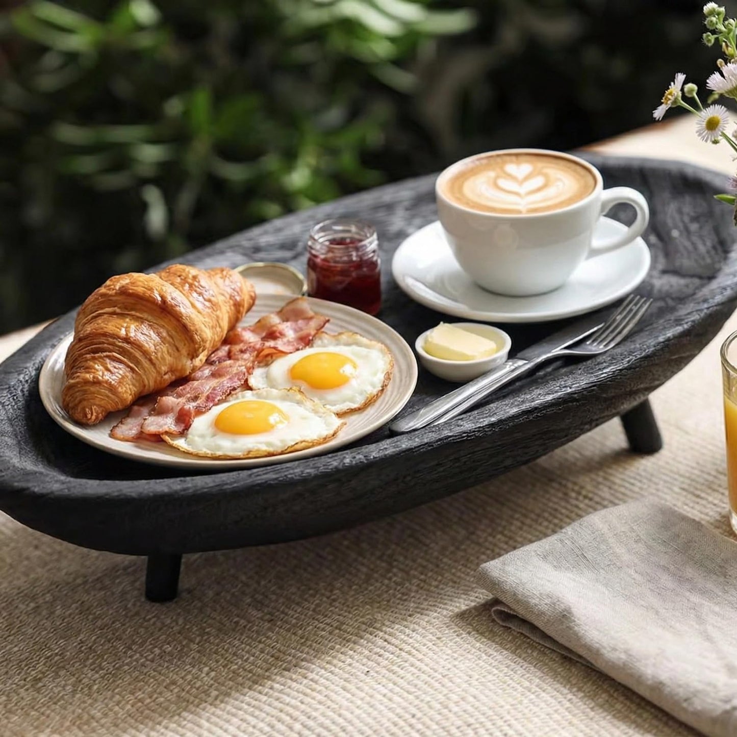 Wooden Tray with Key Bowl, 17.7 Inch Oval Decorative Tray for Coffee Table & Entryway, Black & Dark Brown Decorative Bowl (Black)