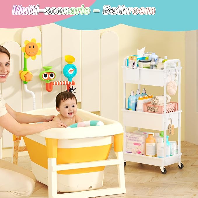SUNALLY Baby Diaper Caddy Cart, 3 Tier Rolling Diaper Cart with Lockable Wheels for Nursery Essentials, Large Capacity & Easy Assemble Diaper Storage Organizer for Newborn,New Mom, White