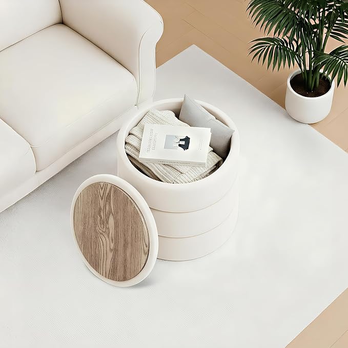 B FSOBEIIALEO Round Velvet Storage Ottoman with Tray, Folding Ottoman with Storage Coffee Table Foot Rest for Dorm Room, Living Room White, 15.35"x15.35"x14.57"