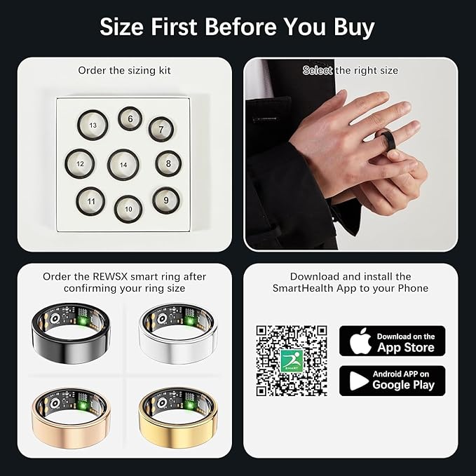 Smart Health Ring for Women Men, Fitness Tracker Ring with Heart Rate, Blood Oxygen, Sleep Tracker, Step Tracker, No Subscription Fee, IP68 Waterproof Smart Ring for iPhone & Android (Gold, 13#)