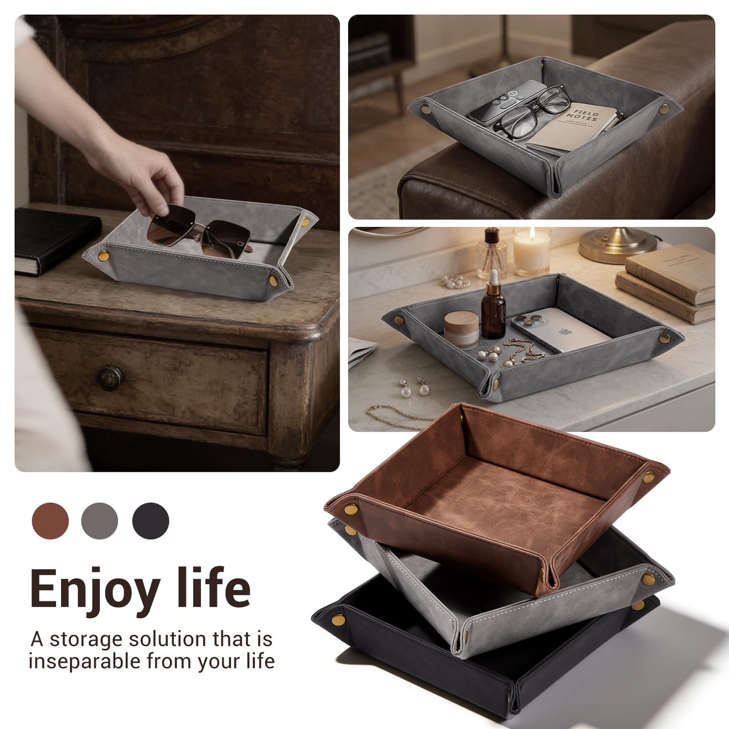CoBak Leather Valet Tray for Men, Premium PU Leather Catch-All Tray for Entryway Table Key, Phone, Wallet, Coins & Jewelry, Bedside Nightstand Desk-top Catchall (Gray)