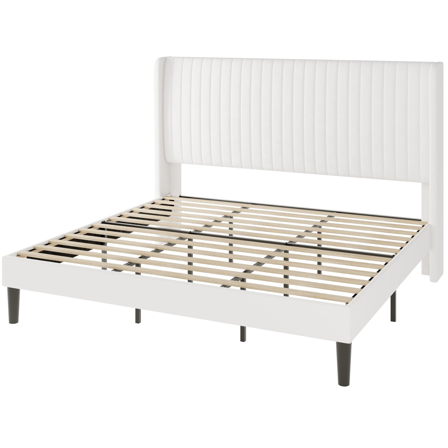 Allewie King Size Velvet Bed Frame/Vertical Channel Tufted Wingback Headboard/Upholstered Platform Bed/No Box Spring Needed/Strong Wooden Slats/Easy Assembly/White