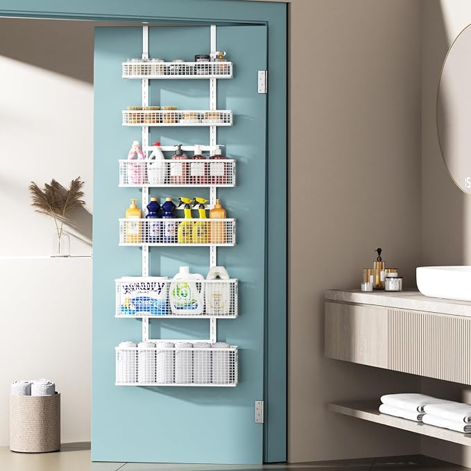 6-Tier Over The Door Pantry Organizer,Hanging Spice Rack,Grid Basket,White | Height Adjustable,Easy Grip Handle,Large Capacity,For Pantry Door,Laundry Room,Bathroom,Kitchen,D5.3xW15.7xH60.9in