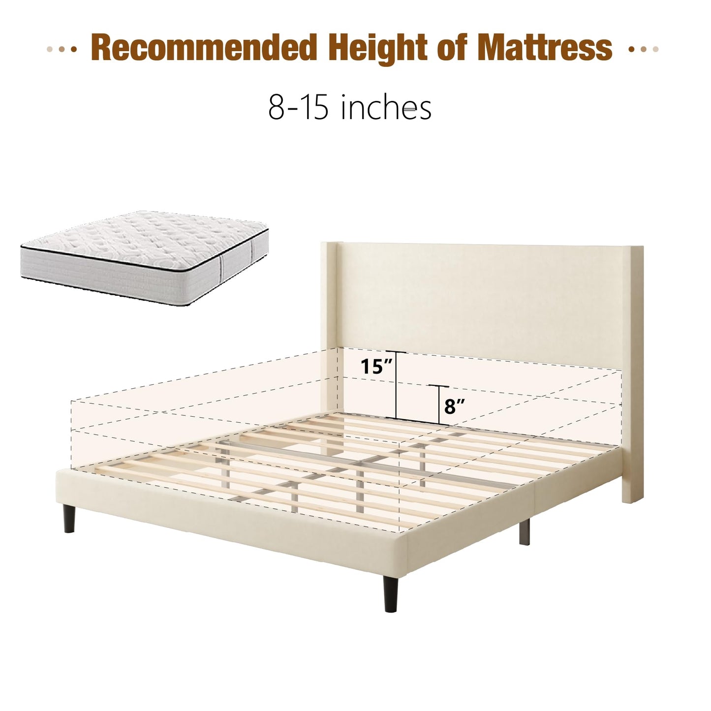 Sismplly Queen Bed Frame with Wingback Headboard, Velvet Upholstered Platform Bed with Wooden Slats, 6.46“ Under Bed Storage, Metal Support, Noise Free, No Box Spring Needed, Beige
