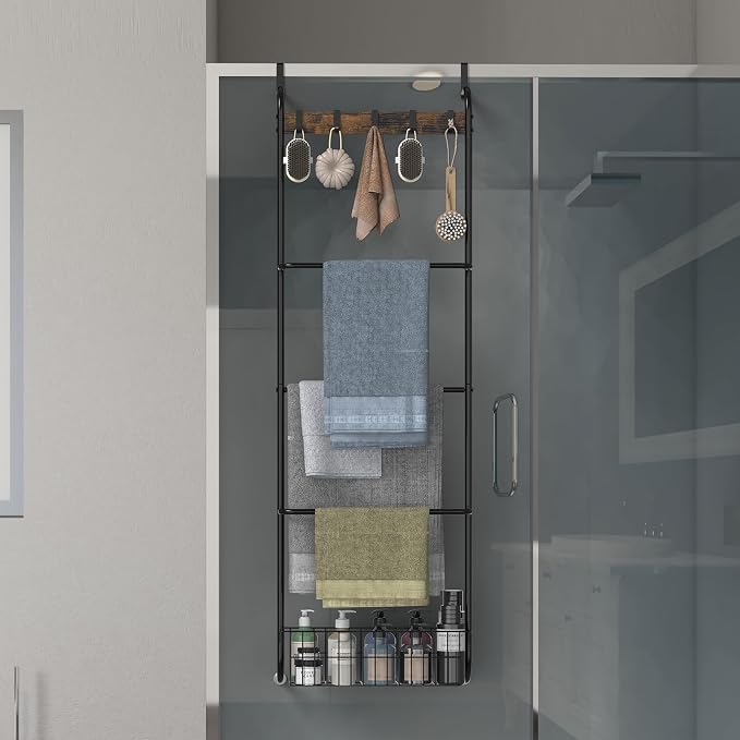Over The Door Towel Rack,5-Tier Over Door Towel Racks for Bathroom,Towel Rack with Hooks and Basket Door Hanging,Blanket Ladder for Living Room Black