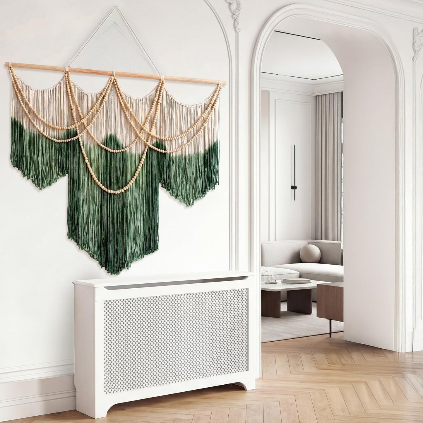 CrystalSylara Large Macrame Wall Hanging Boho Wall Decoration Art, 57" W x 43" L Green & Cream Fiber Dip-dyed Tapestry Handwoven Fiber and Wood Beads Decor for Bedroom Living Room Home Decor