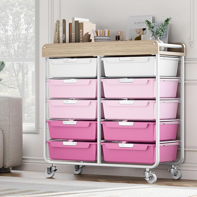 10 Drawers Rolling Cart with Wooden Tabletop, Utility Storage Cart with Wheels, Art Supply Craft Organizer on Wheel with Metal Frame & Handles for Home Office School,Pink