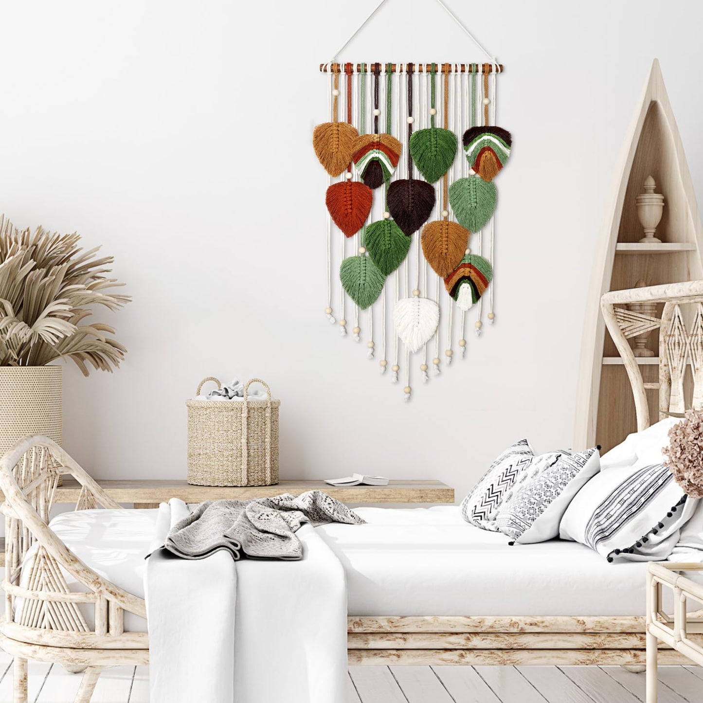 MEIVINES Macrame Wall Hanging Boho Woven Tapestry,Chic Home Decor Modern Bohemian Handmade Leaf Feather Tapestry Wall Art Decor for Bedroom Living Room Nursery Apartment Backdrop 16 X 34 Inch