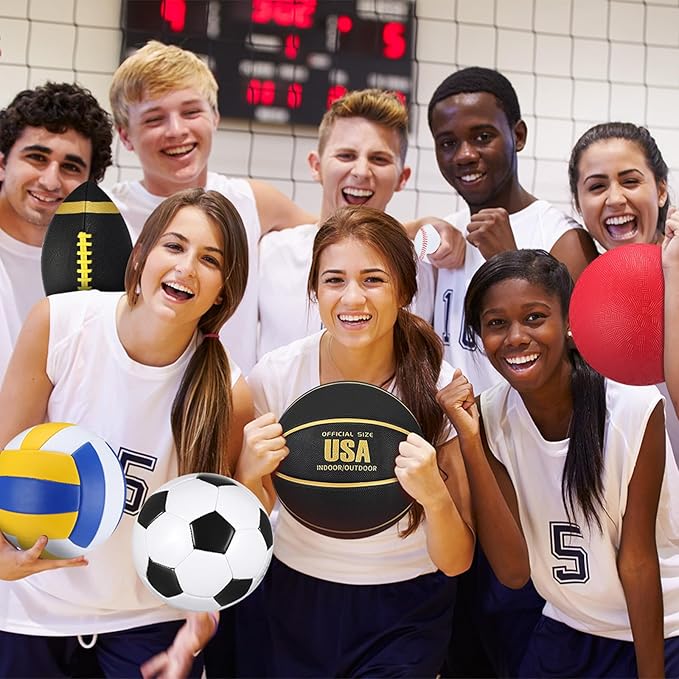Libima 6 Pcs Multi Sport Ball Set Official Size Football, Basketball, Soccer, Volleyball, Playground Ball, Baseball with Sports Equipment Bag Pump for Teen Adult Christmas School Gift