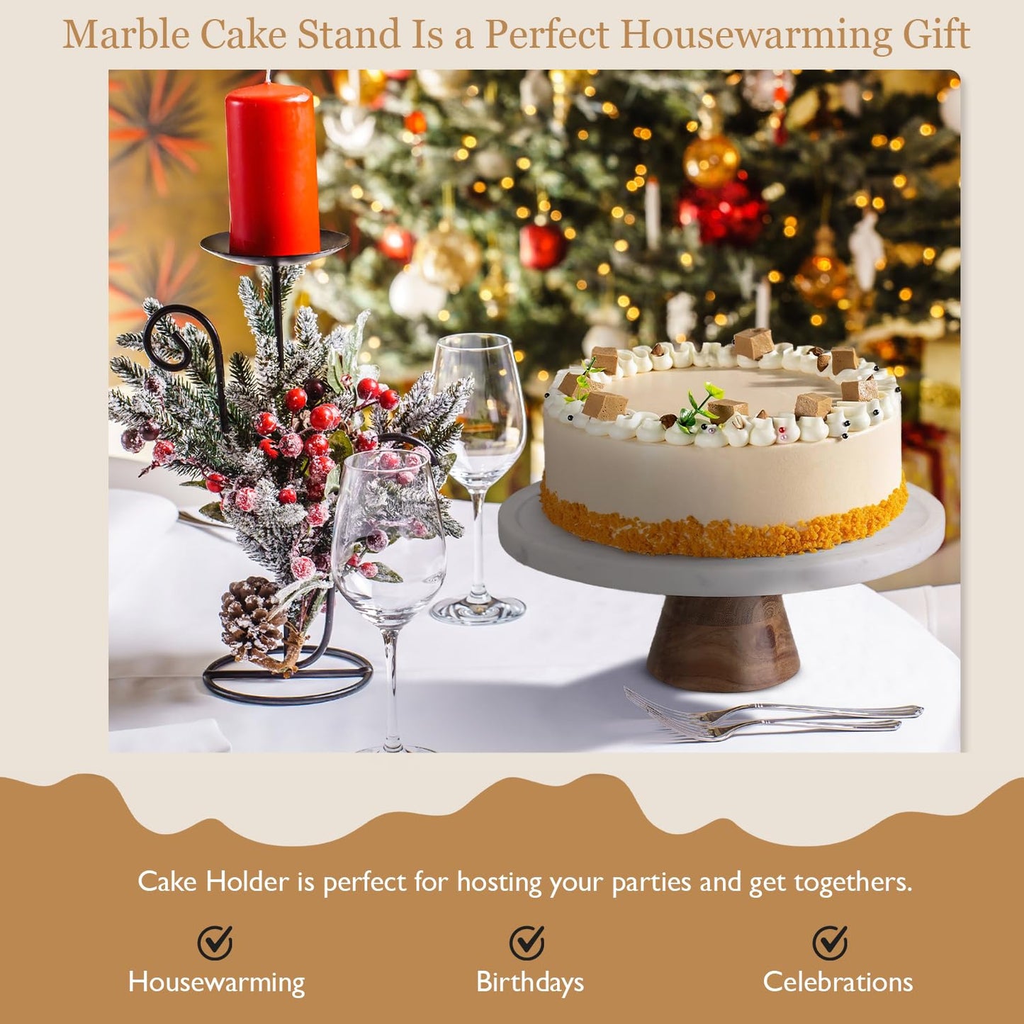 Memoravita Marble & Acacia Wood Cake Stand - 11 Inch Round Cake Display for Weddings, Birthdays & Parties - Dessert Stand for Cakes, Muffins, Pastries, Bread - Kitchen Dรฉcor - White Marble Top