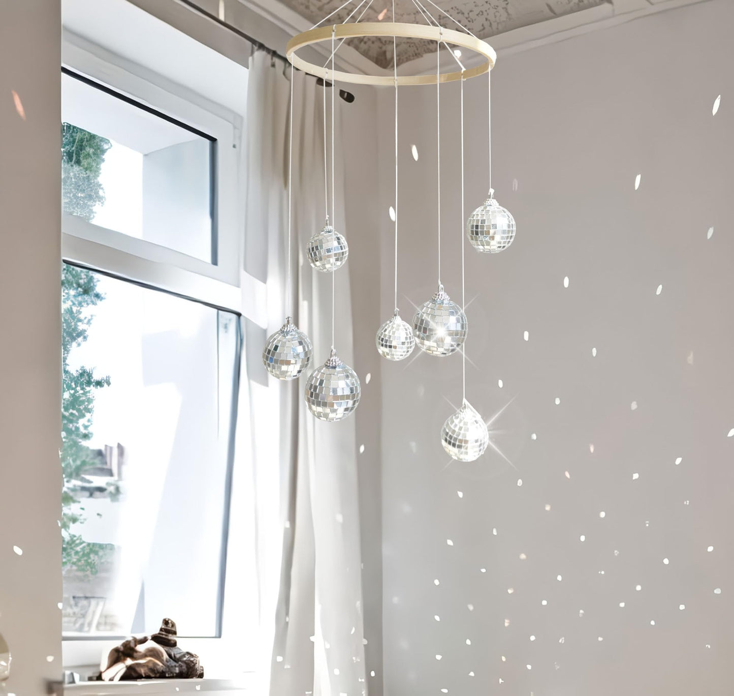 Rodudu Dazzling Disco Ball Mobile, Spiral Spinner Ball, 7.8 Inch Nature Bamboo Circle, Indoor Outdoor Yard Garden Patio Home Decoration for Party Activities Wedding Birthday Music Festival