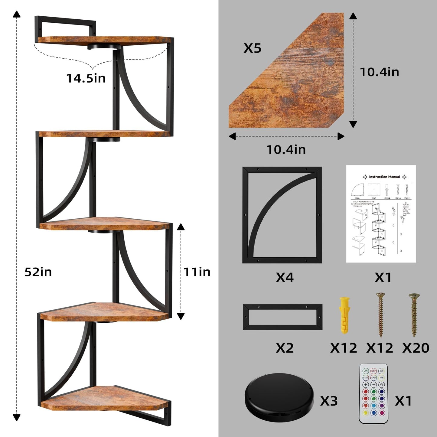 HAAYOT Corner Shelf Wall Mounted with Lights, 5-Tier Floating Metal Shelves for Living Room, Bedroom, Rustic Brown