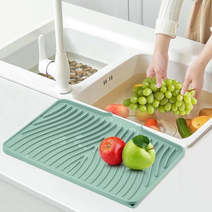 TIKNIK Silicone Dish Drying Mat for Kitchen Counter - Heat Resistant & Non-Slip Dish Drain Pad with Built-In Drain, Dishwasher Safe, Quick-Dry, Hangable & Roll-Up for Storage, Mint-1pcs, 16" x 12"