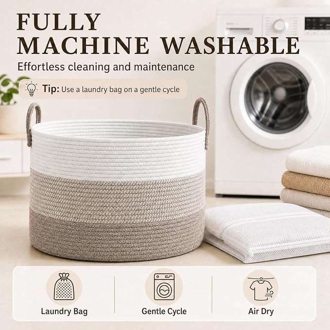 JMvicyroam 65L Extra Large Blanket Basket for Living Room - Woven Cotton Rope Laundry Hamper with Reinforced Handles - Storage Bin for Pillows, Comforters & Toys - Machine Washable,White&Brown Mix
