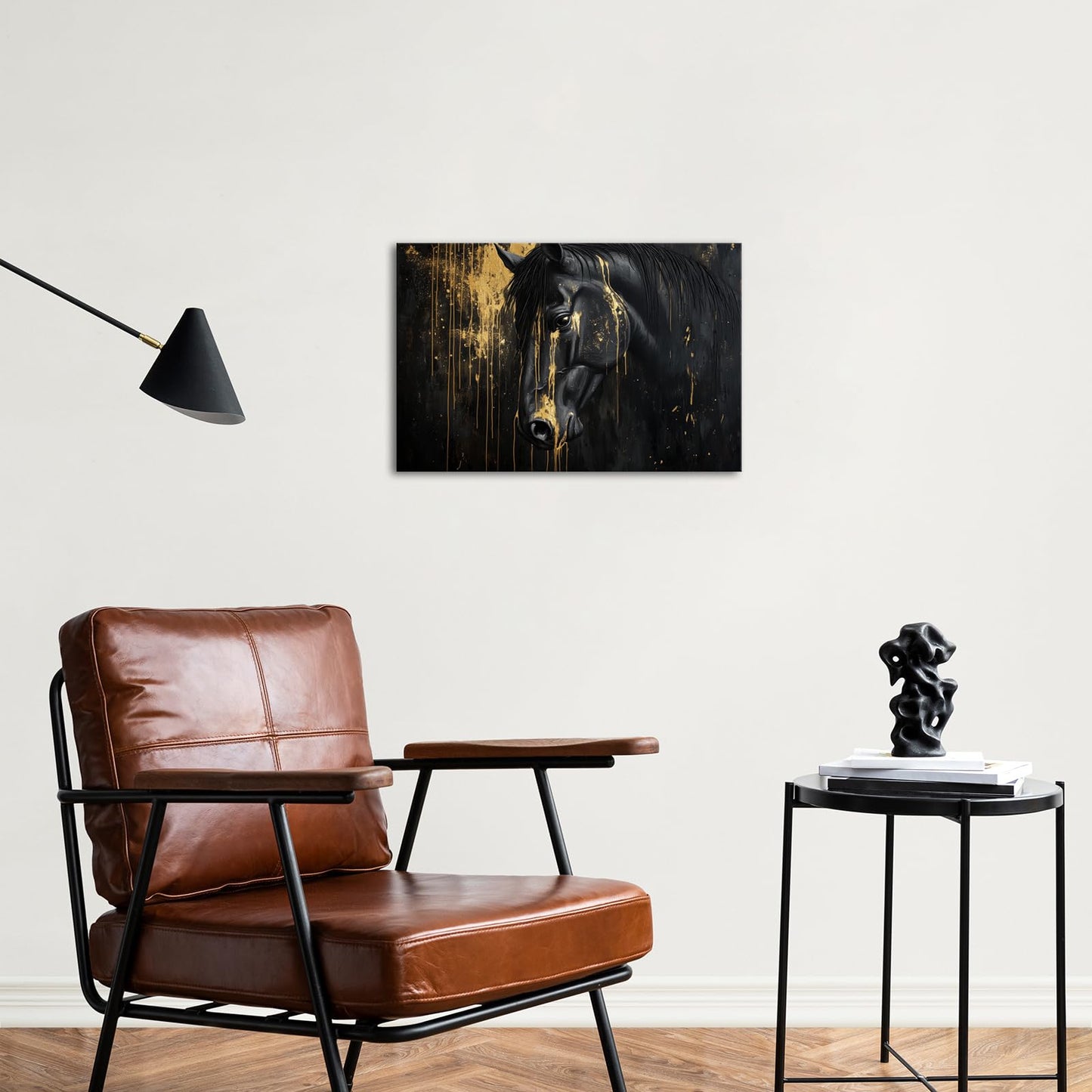 seteuret Black and Gold Wall Art, Abstract Horse Painting Prints - Drip Effect Canvas Artwork for Modern Office Decor, 16"x24"