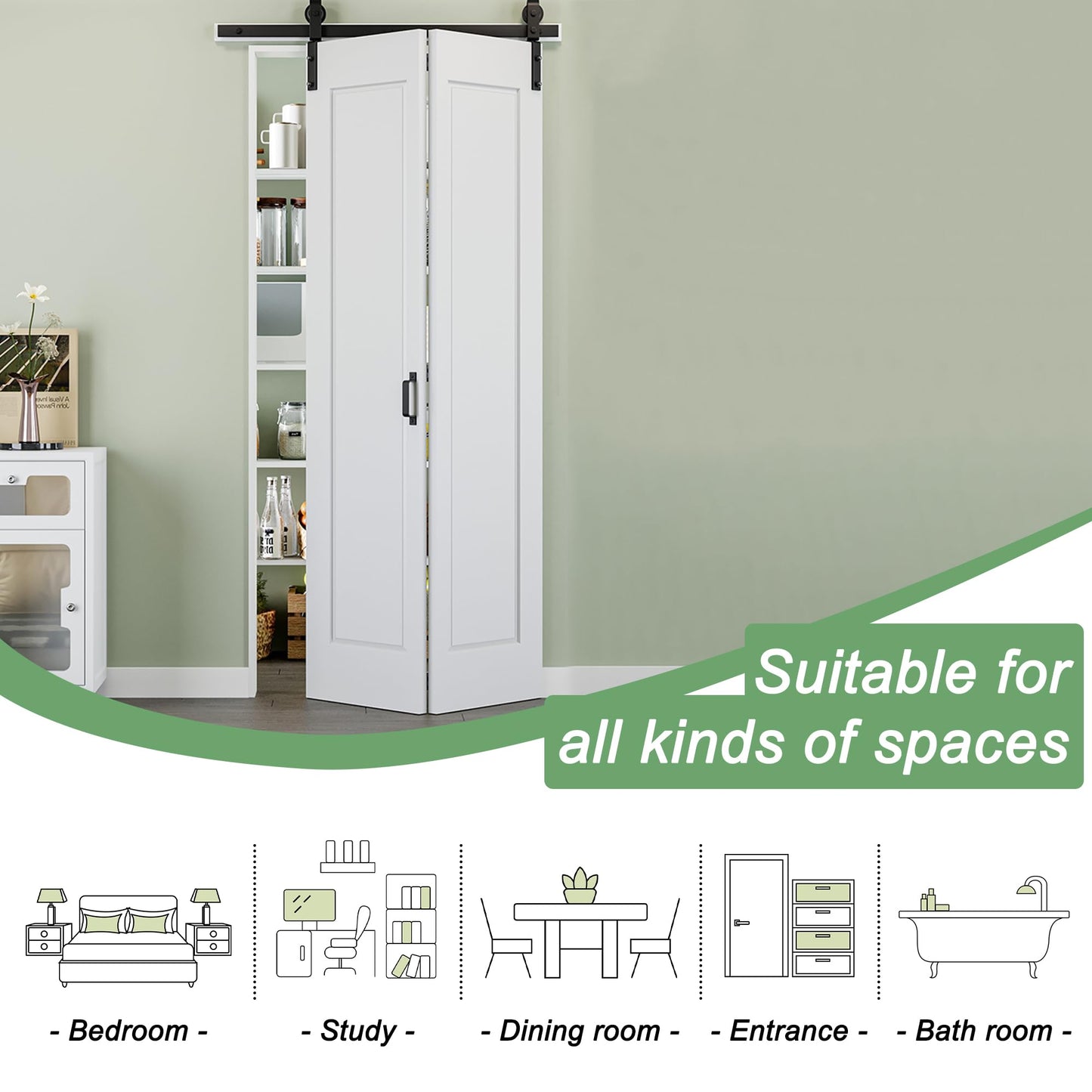 72" x 84" 1 Panel Bifold Barn Door, 80" Track Kit for 4 Closet Doors, Pre-Assembled Panel Bi-fold Barn Door for Pantry, Primed White Finish with Water-Resistant and Scratch-Resistant, Paintable