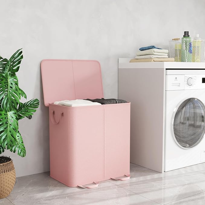 Lifewit Double Laundry Hamper with Lid and Removable Laundry Bags, Large Collapsible 2 Dividers Dirty Clothes Basket with Handles for Bedroom Laundry Room Closet Bathroom College, 136L Pink
