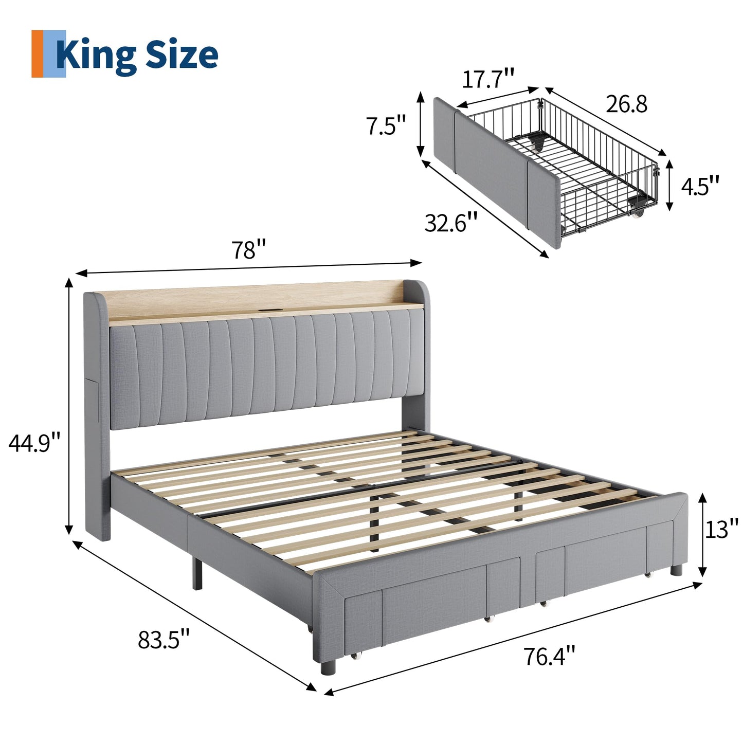 GarveeHome King Size Bed Frame with Storage Headboard, Upholstered Platform Beds with Drawers, Charging Station, Noise-Free, No Box Spring Needed, Easy Assembly, Light Grey
