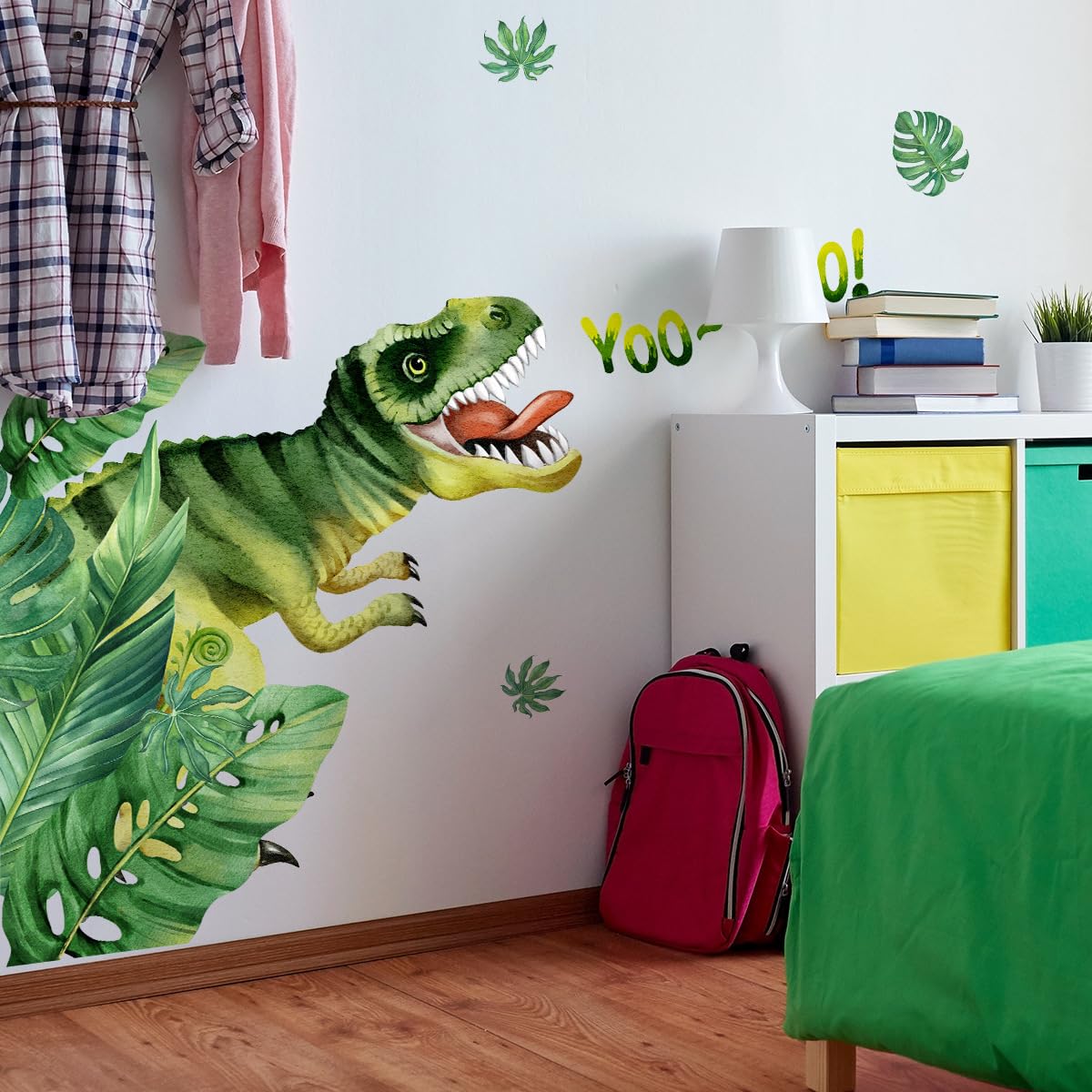 Mirabuy Yoo Hoo Dinosaur Wall Decals Tropical Large Dino Jungle Dinosaur Wall Stickers for Nursery Boys Bedroom Playroom
