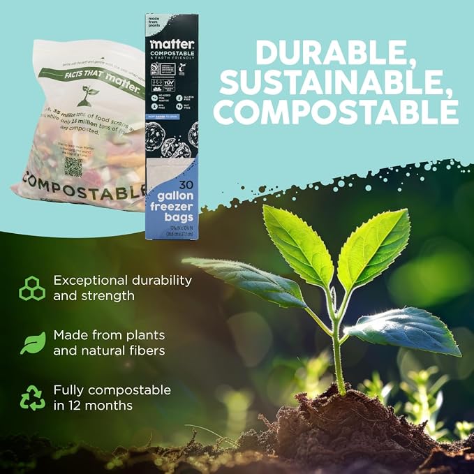 Matter Compostable Gallon Freezer Bags for Food Storage, Eco-Friendly, Resealable, Food Storage Bags, 30 Count