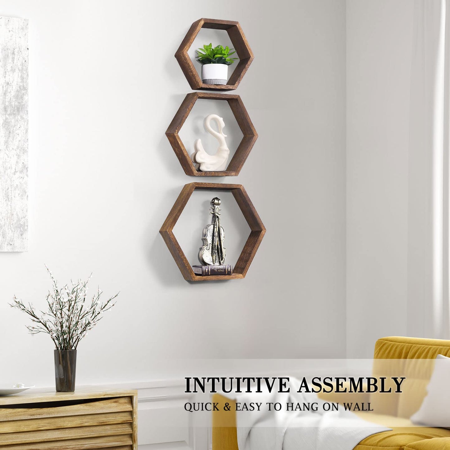 NOVIMANGO Hexagon Floating Shelves Set of 6 Honeycomb Shelves for Wall Wood Farmhouse Storage Home Decor Shelf Wall Mounted Wooden Hexagonal Shelves for Bedroom Living Room Nursery, Rustic Brown