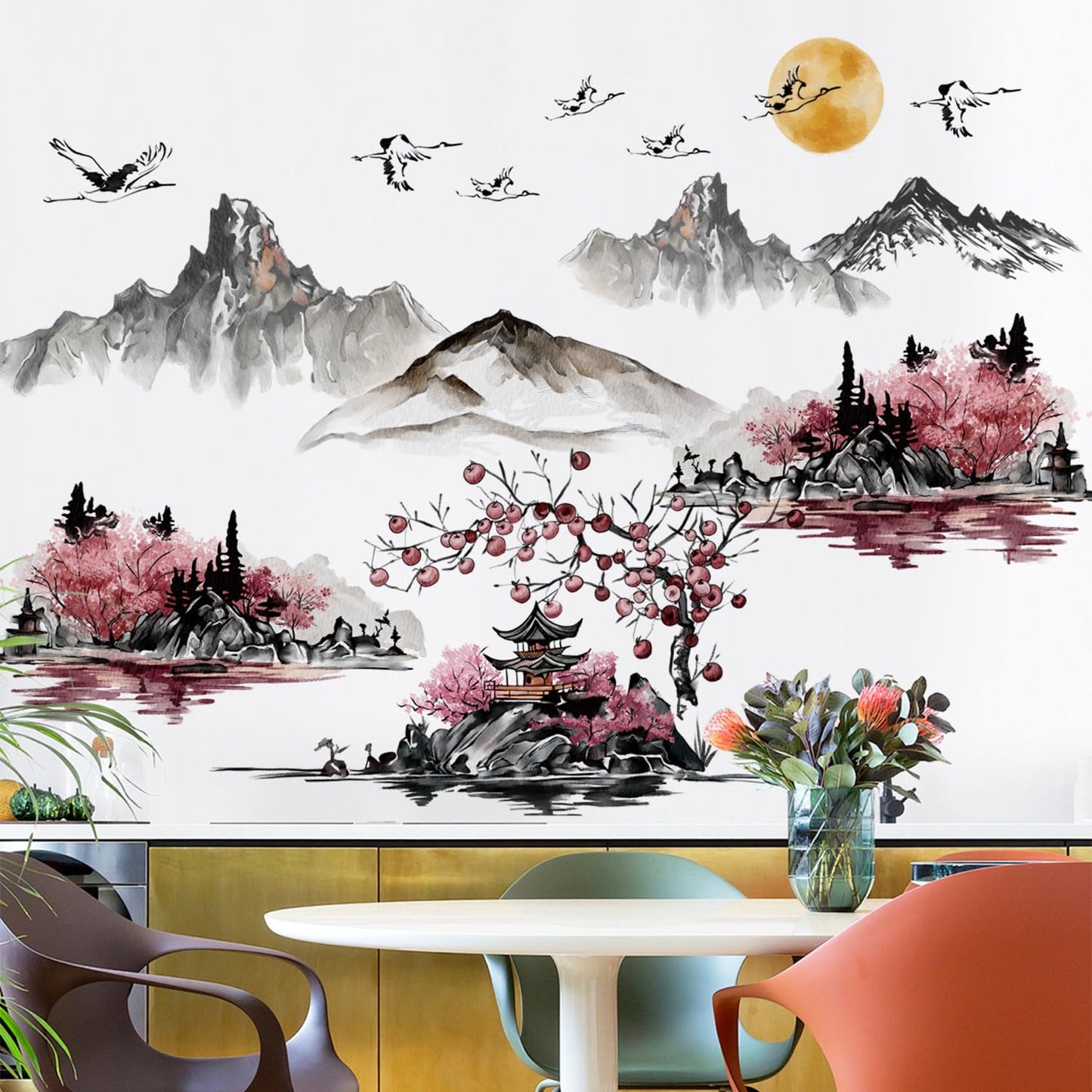 DRWSSR 3 Sheets Removable Chinese Style Splash Ink Landscape Painting Wall Decal DIY Red Sun Flying Bird Pavilion Red Forest Art Mural for Living Room Bedroom TV Background Wall Home Decor
