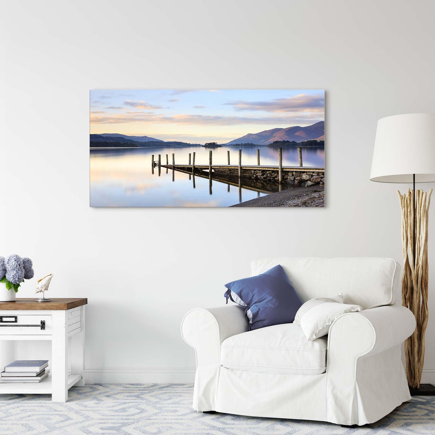 Sunset Lake Canvas Wall Art - Lakeside Dock Picture Pier Painting Nature Landscape Prints Scenery Artwork for Living Room Home Office