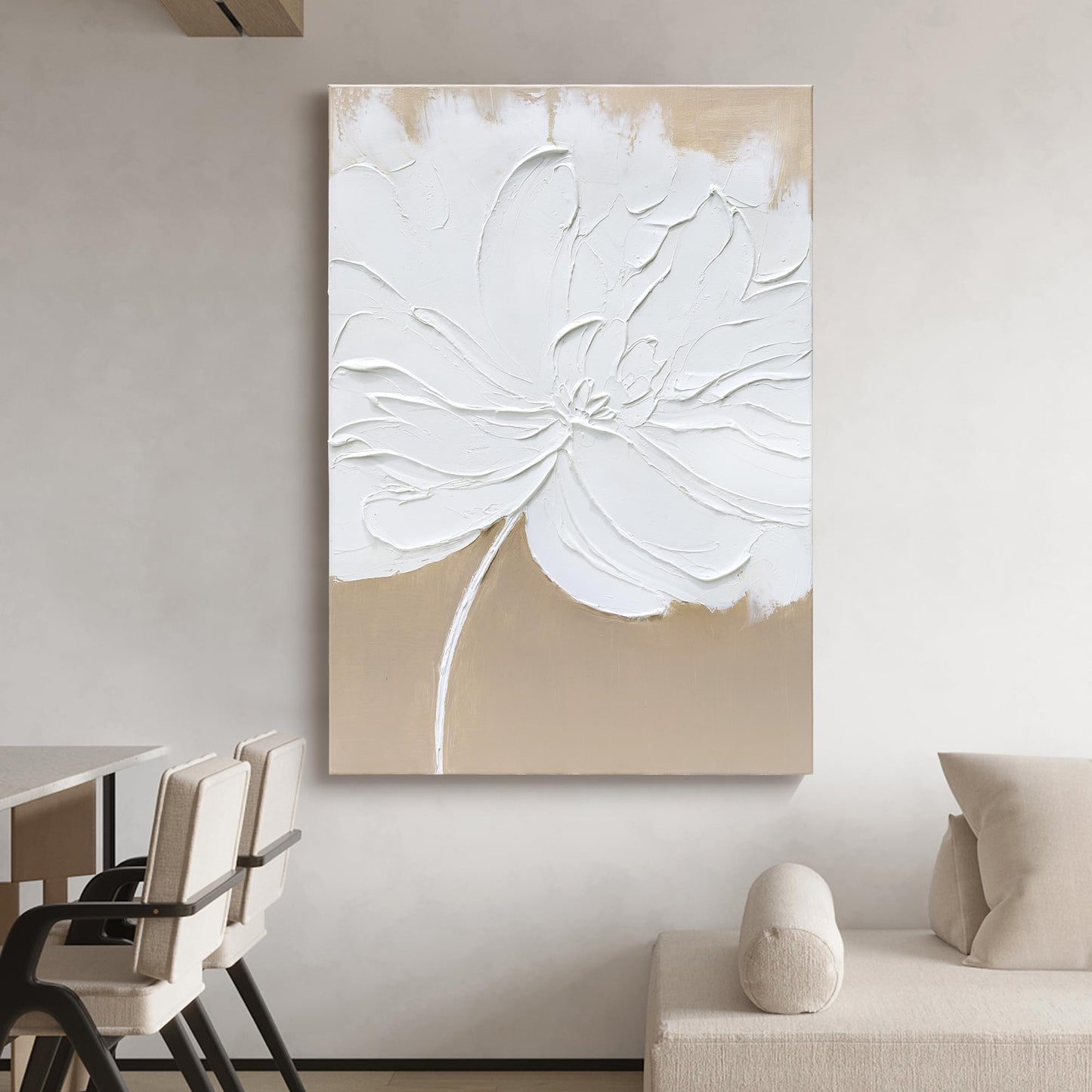 Artaanchuil Hand Painted White Flower Texture Wall Art - 28x40 Inch Beige Canvas Abstract Oil Painting Vertical Modern Artwork for Living Room Wall Decoration