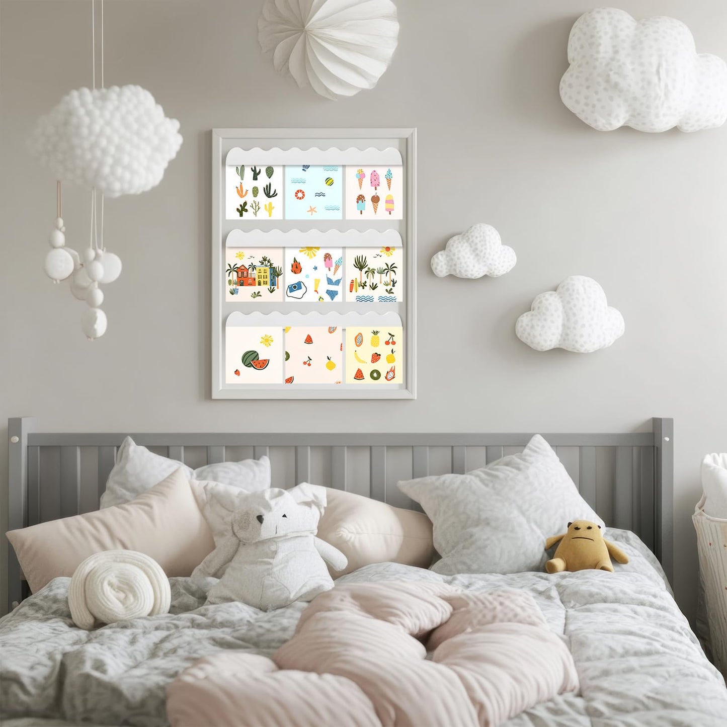 Yookeer Set of 3 Scalloped Magnetic Art Hanger Wall Mounted Artwork Display Bar with Strong Magnets White Wooden Picture Memo Holder for Art Decor Home