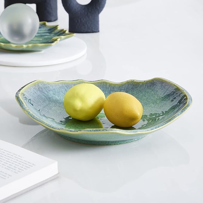 Large Ceramic Decorative Bowl, 12" Green Reactive Glaze Centerpiece Bowl, Modern Coffee Table Decor, Entryway Catchall Key Bowl, Decorative Fruit Bowl for Dining Table Living Room (12'')