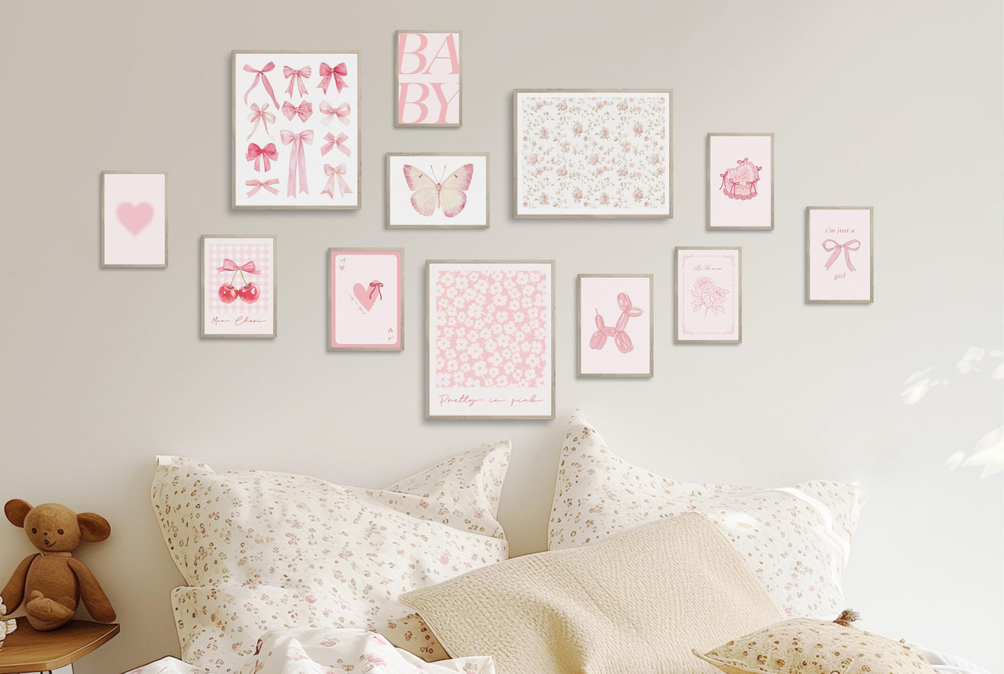 TwoDays Pink Coquette Room Decor Aesthetic, Light Pink Bows Wall Art Posters, Trendy Pictures for Girls Dorm, Funky Girly Prints for Bedroom. (Multi Sizes, 8" X 10" Largest, Set of 12, UNFRAMED)