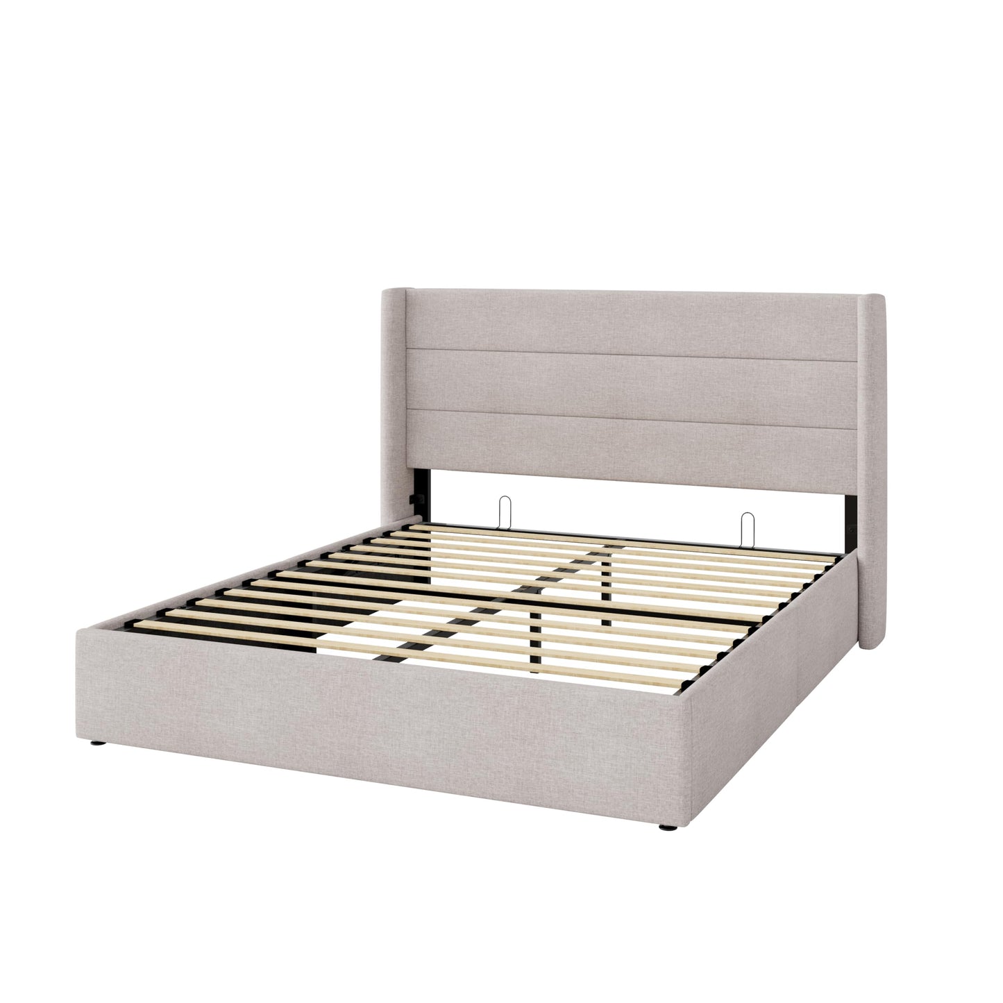SHA CERLIN Queen Size Lift Up Storage Bed/Modern Wingback Headboard/Upholstered Platform Bed Frame/Hydraulic Storage/No Box Spring Needed/Wood Slats Support/Light Beige