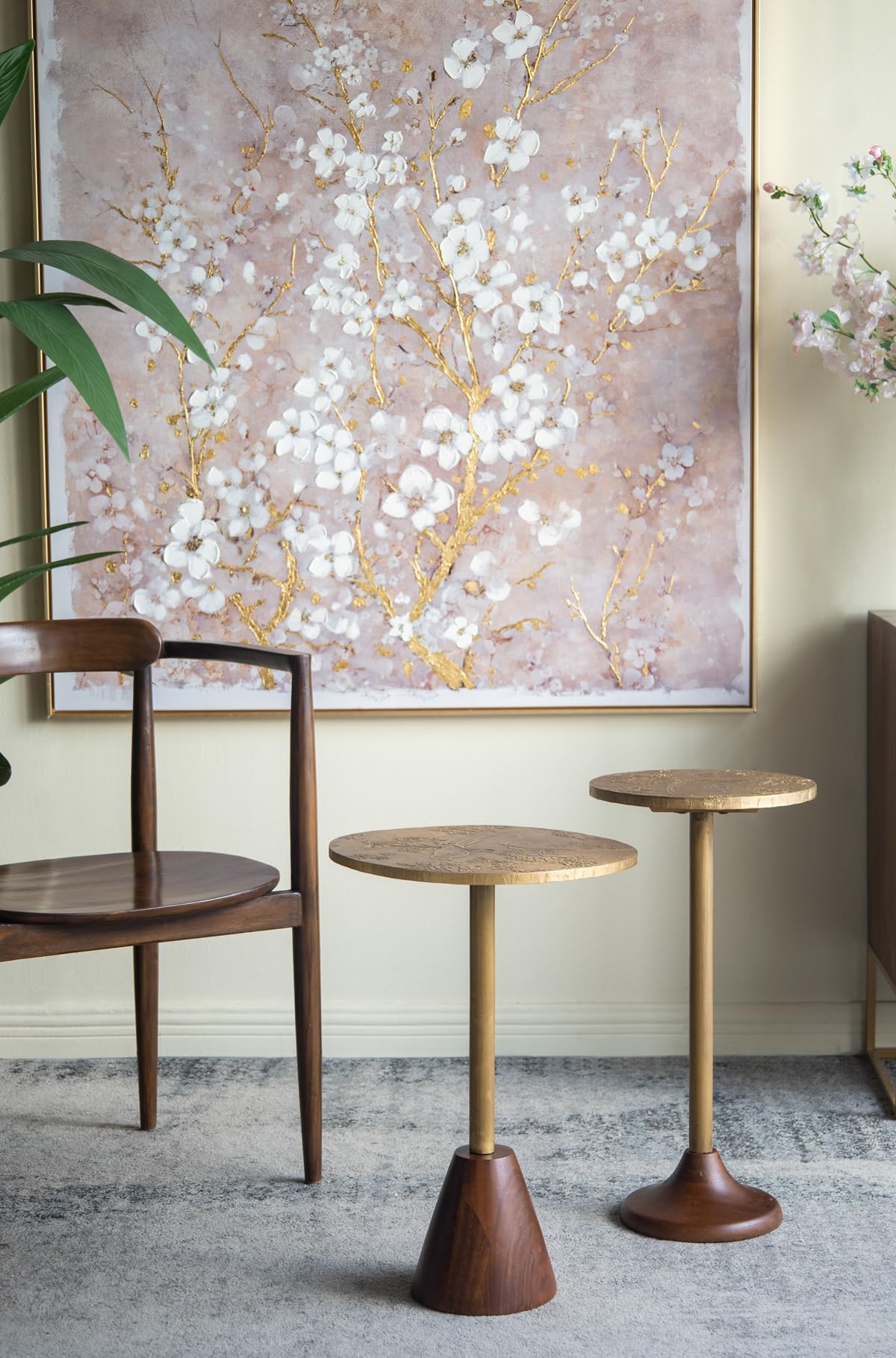 Penau Slender Brass Side Table, Textured Gold Metal Top with Wooden Pedestal Base, Round Accent End Table for Living Room, 11.8 x 11.8 x 24 Inchs, Gold and Brown