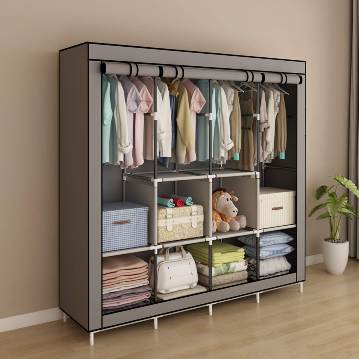 ACCSTORE Portable Wardrobe Clothing Wardrobe Shelves Clothes Storage Organiser with 4 Hanging Rail,Grey