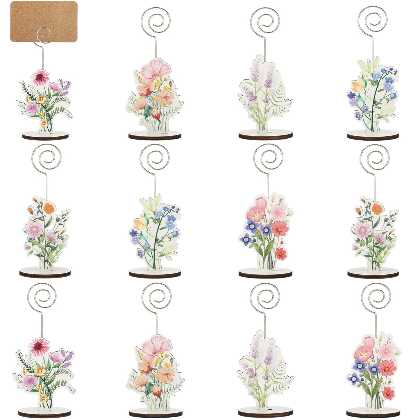 12 Pcs Wildflower Wood Place Card Holders with 15 Cards Flower Photo Iron Stands Table Setting Number Name Picture Clip Holder for Baby in Bloom Baby Shower Wedding Birthday Spring Party Supplies