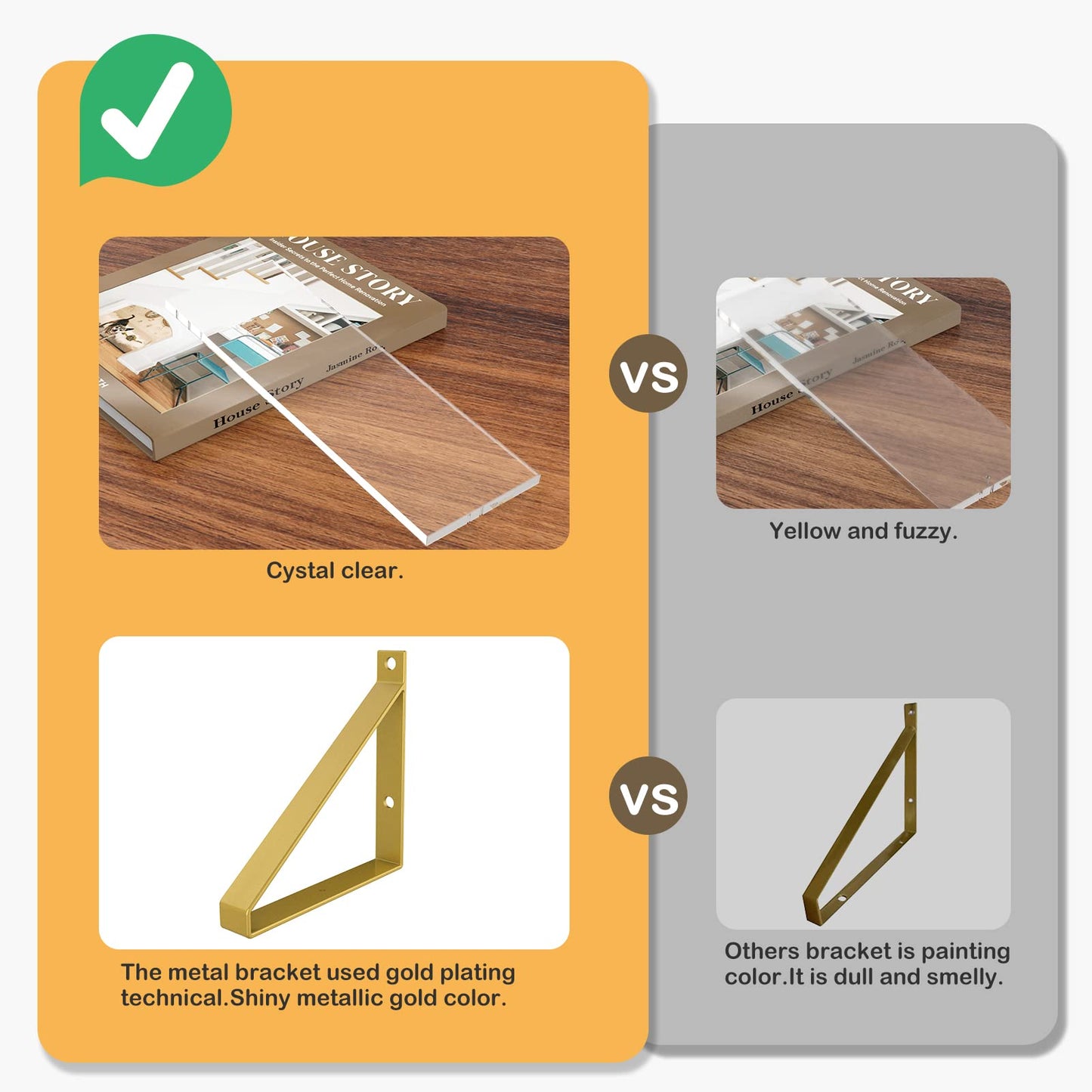 Cilinta Clear Shelves, Gold Floating Shelves Wall Mounted Set of 2, 8mm Transparent Acrylic, Invisible Wall Shelves for Bedroom, Living Room, Bathroom, Kitchen, Office Display Decor (13in)