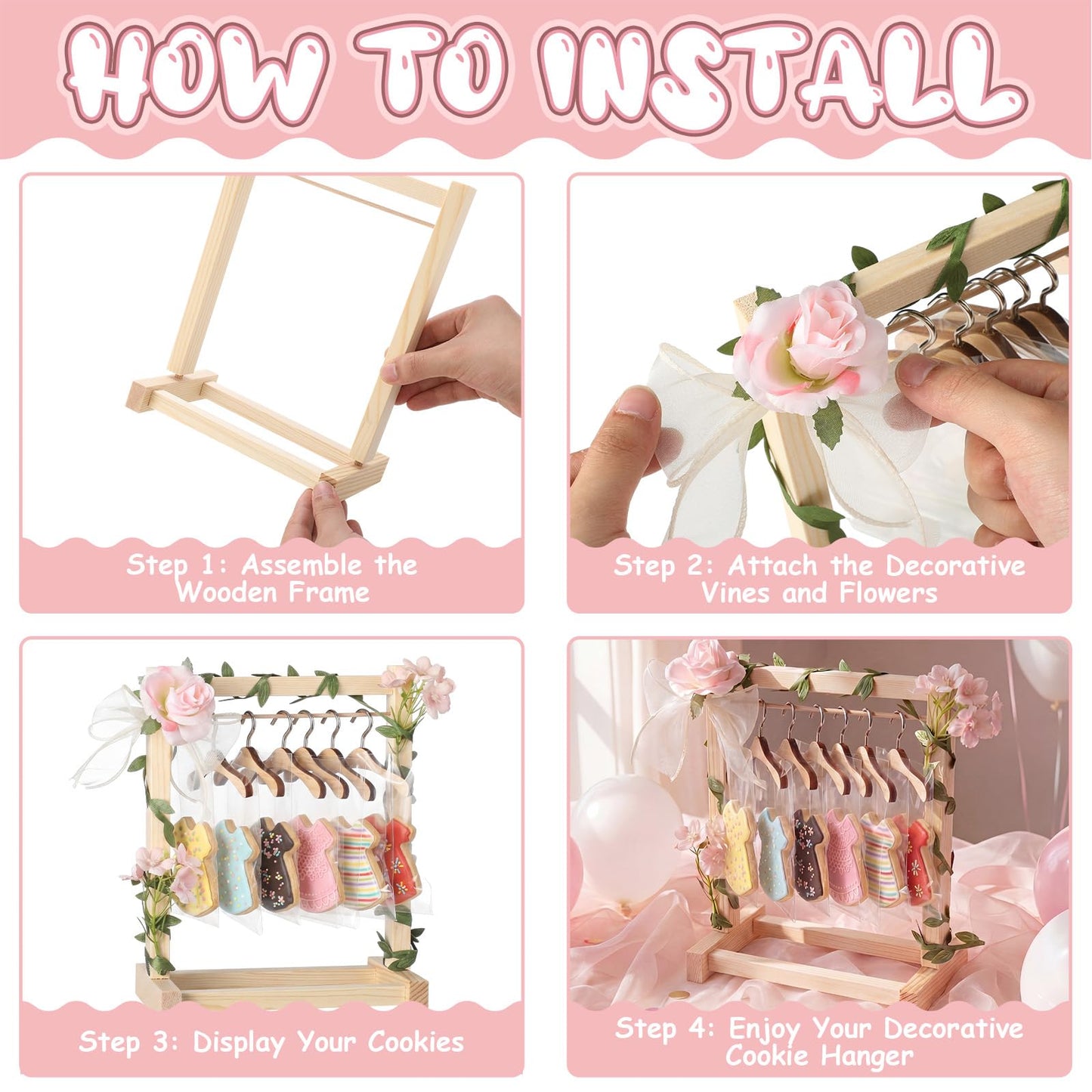 Suclain Mini Wooden Cookie Display Stand for Baby Shower Bridal Shower with 6 Hangers, Solid Wood Cookie Rack with Faux Flowers, Vines, Ribbon and Treat Bags for Wedding Tea Doll Party Dessert (Pink)