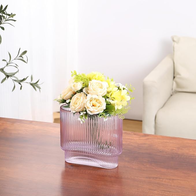 Ribbed Vase, Purple Glass Vase for Flowers, Purple Flower Vases for Tulips, Modern Vases for Living Room, Dining Table, Office, Bedroom, Mantle, Shelf, Wedding, 7 Inch