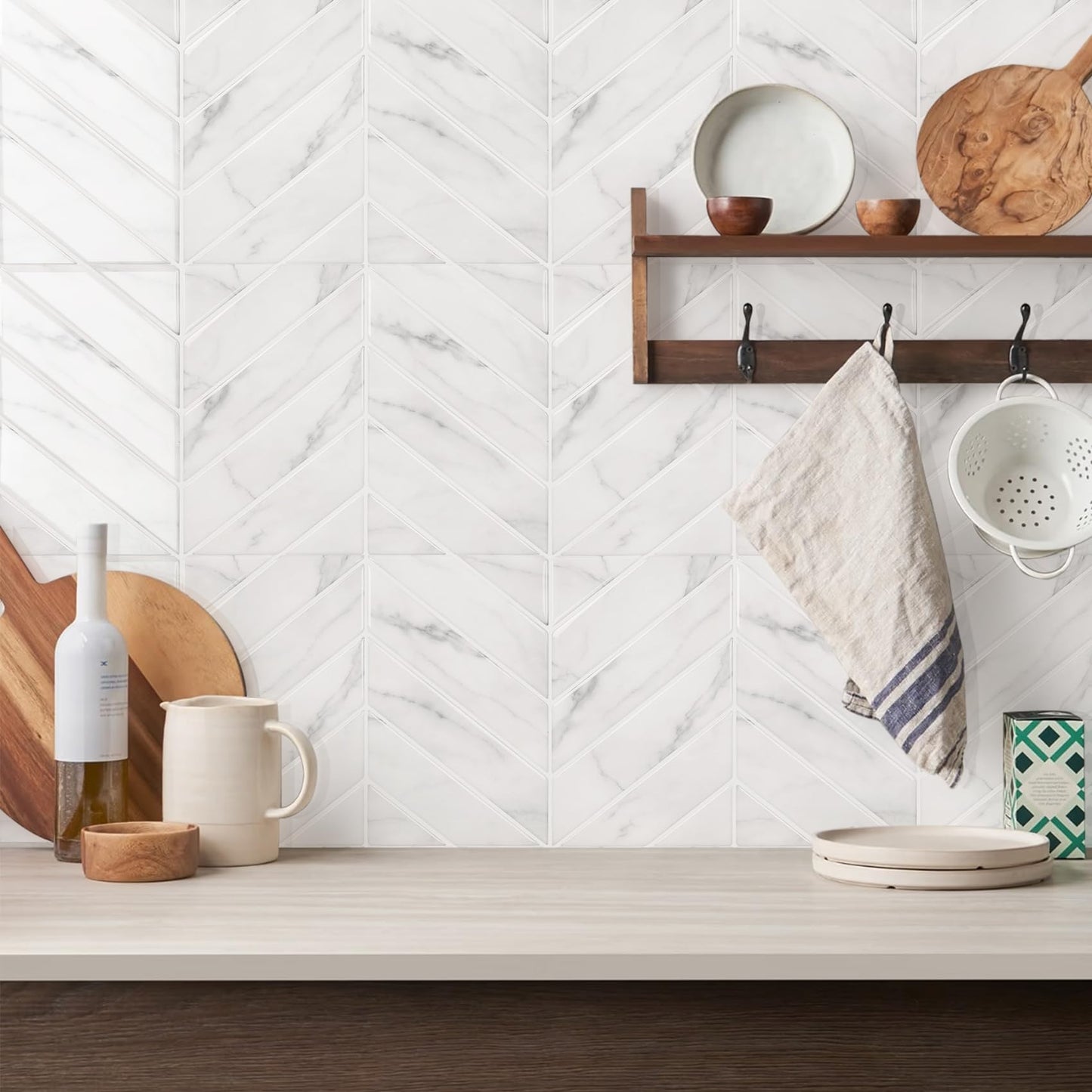STICKGOO 10 Sheets Thicker Herringbone Peel and Stick Backsplash, 12.6”×9.7” Stick on Wall Tiles, Self Adhesive Tile Sticker for Kitchen Backsplash and Bathroom, White Marble