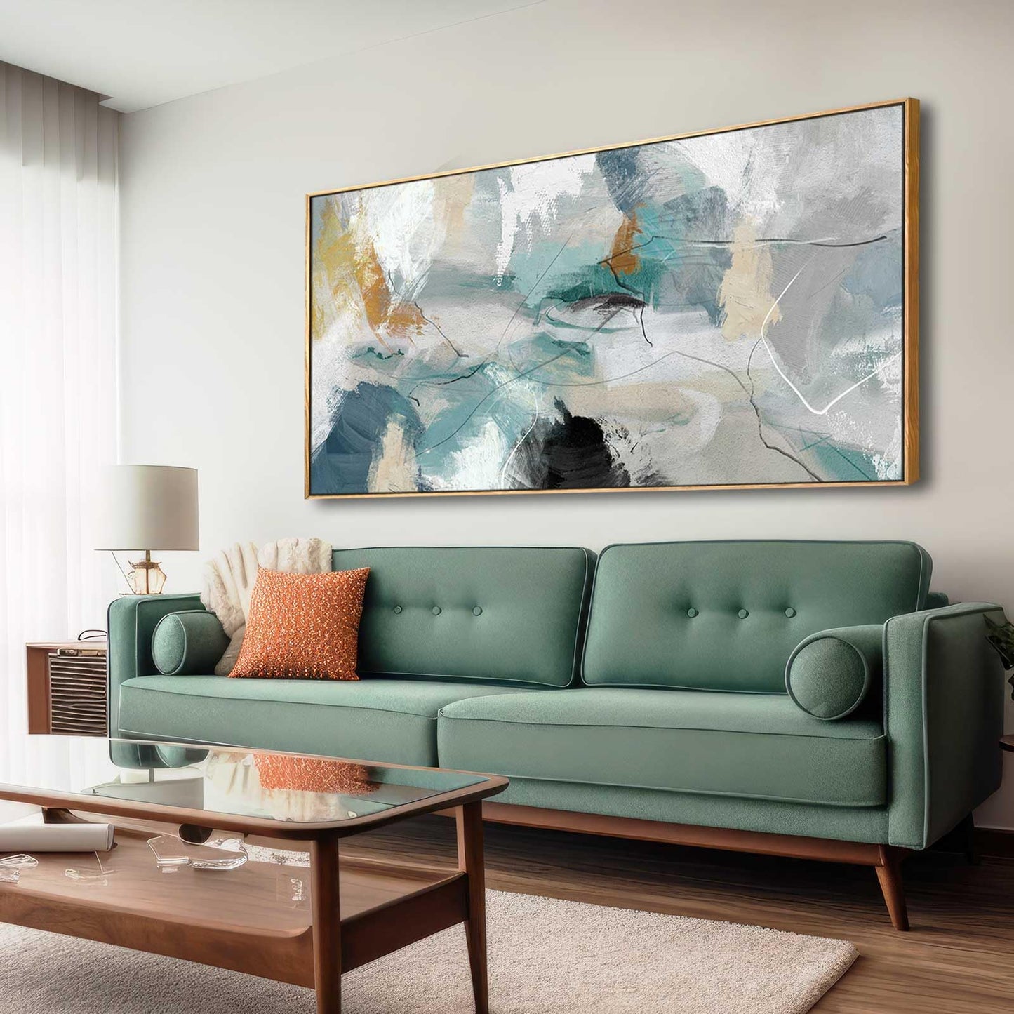 Wall Art Living Room Decorations 24"x48" Teal Wall Art Abstract Paintings Modern Framed Art Room Decor for Bedroom Kitchen Office