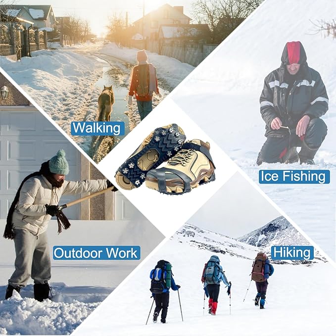 Ice Cleats for Shoes and Boots,Silicone Crampons,11 Stainless Shoe Spikes for Snow and ice,Heavy Duty Traction for Hiking,Climbing &Mountaineering,Ice Fishing (Ultra-Cold -45°C, Easy On/Off,Unisex)